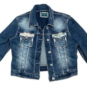 Grace in LA Embellished Jean jacket Stretch denim Medium wash Womens M Unique